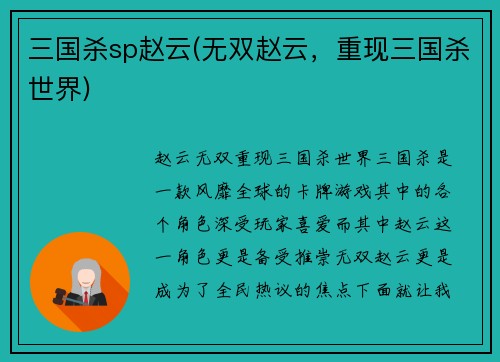 三国杀sp赵云(无双赵云，重现三国杀世界)